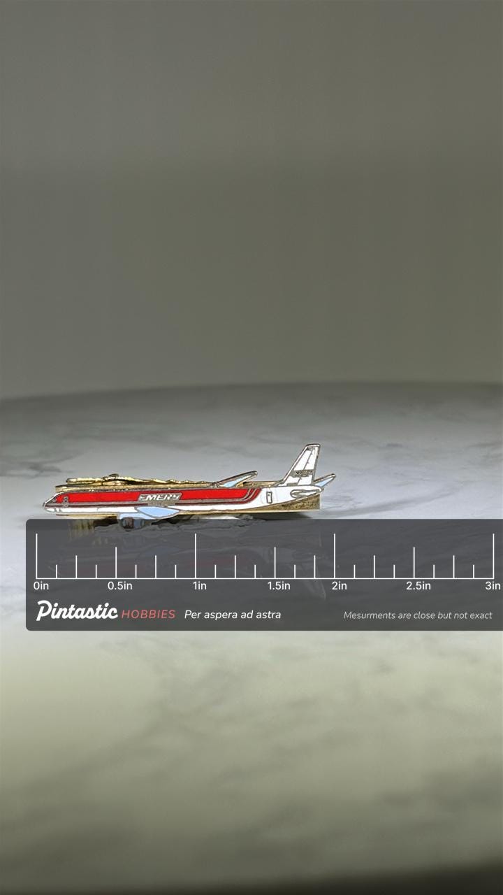 Emery Air Douglas DC-8 Freight Airplane Tie Clip: Red & Silver Enamel - Vintage Aviation Accessory with ruler overlay for siz