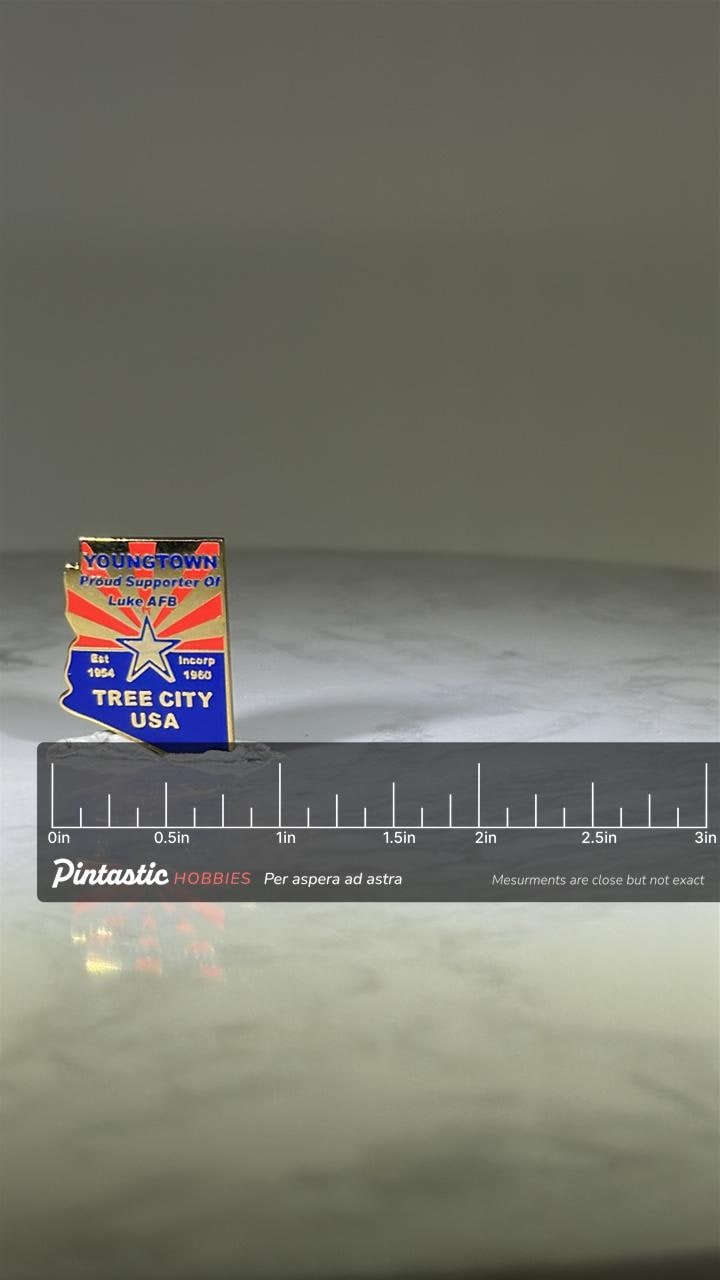 Youngtown Arizona Pin: Red & Blue Enamel - Patriotic Collectible Accessory with ruler overlay for size reference