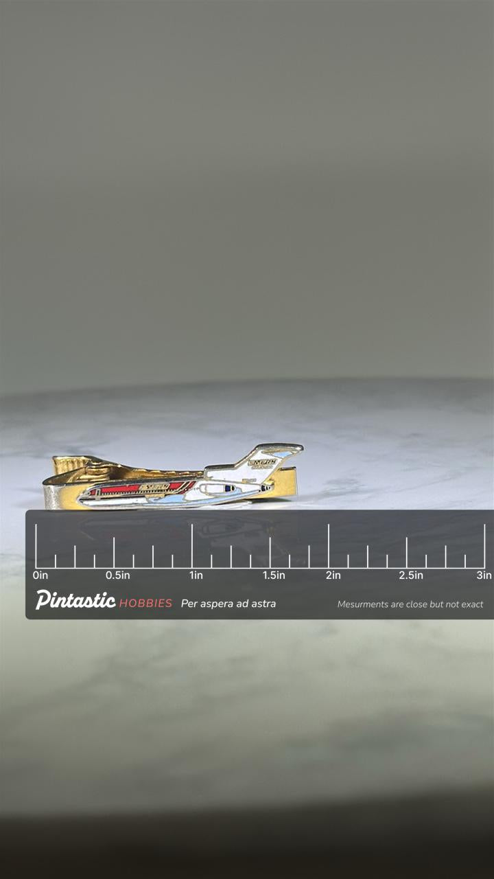 Emery Air Douglas DC-8 Airplane Tie Clip: Red & Silver Enamel - Vintage Aviation Accessory with ruler overlay for size refere