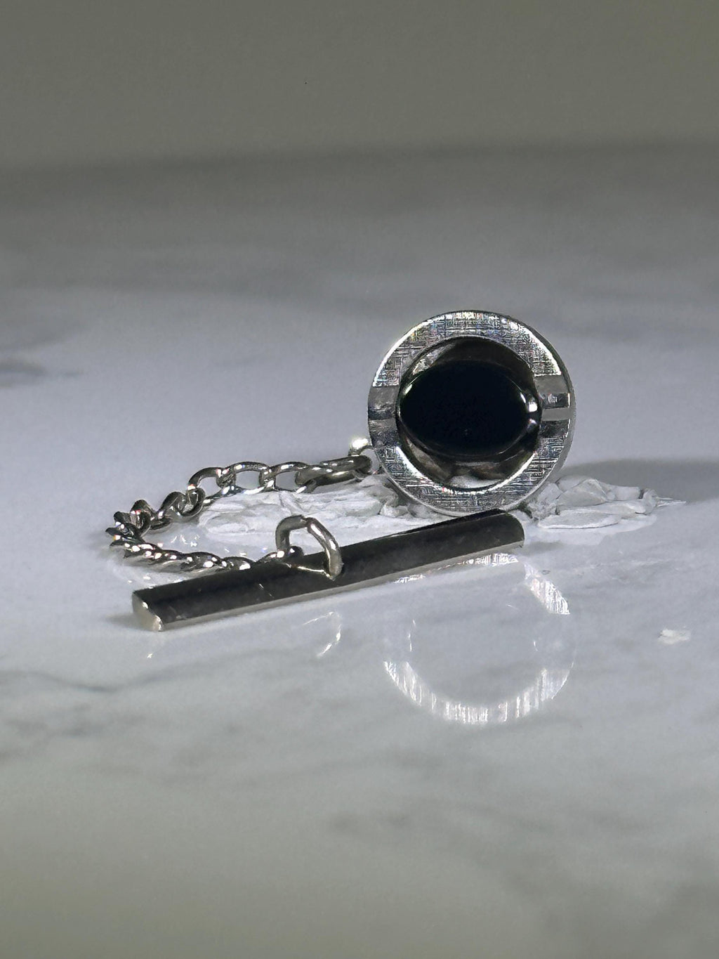 Black Onyx Tie Tack: Silver Tone Finish - Mid-Century Accessory