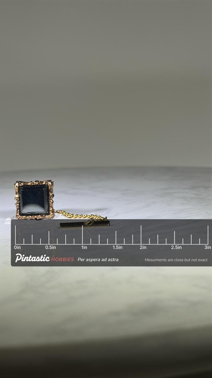 Black Glass Square Tie Tack: Ornate Gold Tone - Vintage Formal Accessory with ruler overlay for size reference
