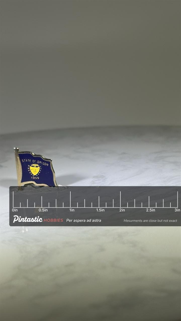 Oregon State Flag Pin: Blue Enamel Gold Trim - Vintage Souvenir Accessory with ruler overlay for size reference