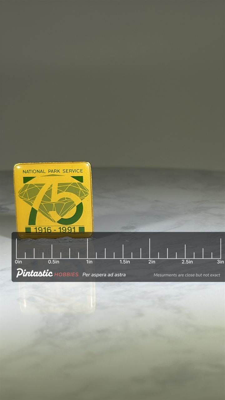National Park Service Pin: Yellow Green Enamel - 75th Anniversary Accessory with ruler overlay for size reference