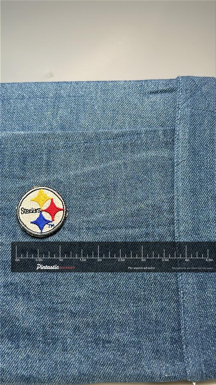 Steelers Collectable Patch: Iron-On Classic Circle Logo - Vintage Sports Accessory with ruler overlay for size reference