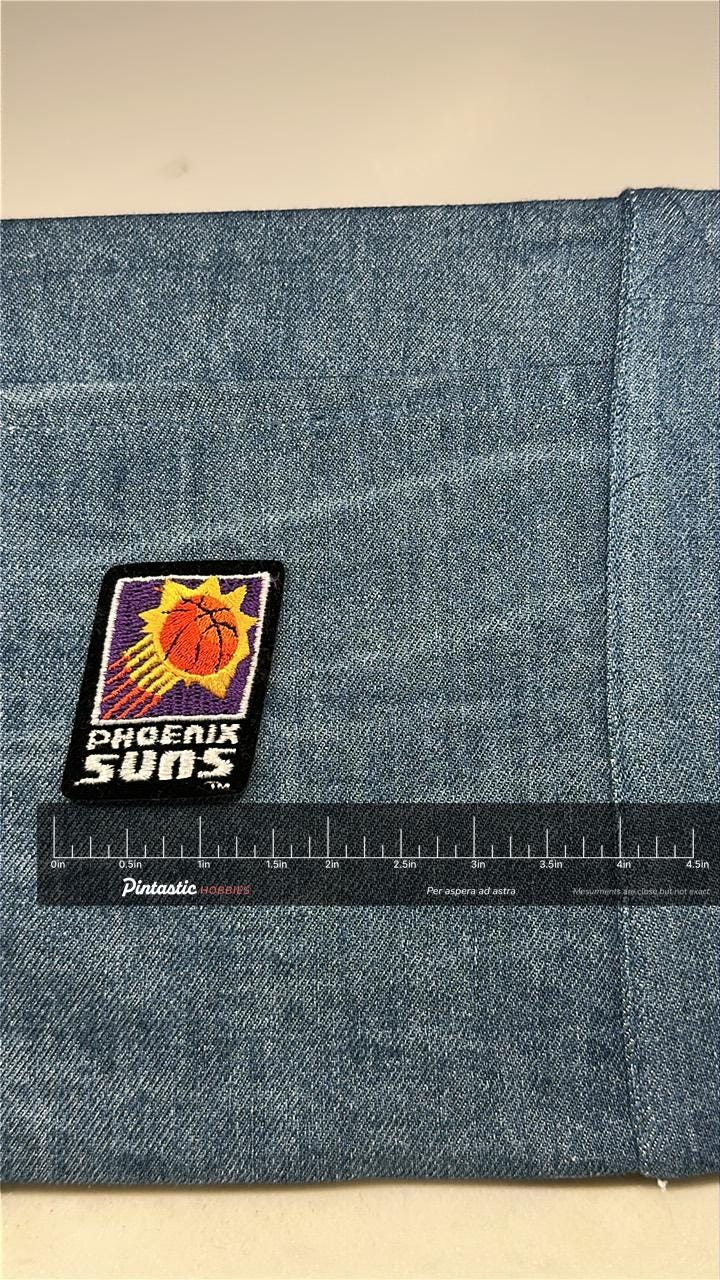 Phoenix Suns Patch: Iron-On Bold Color - Vintage Sports Accessory with ruler overlay for size reference