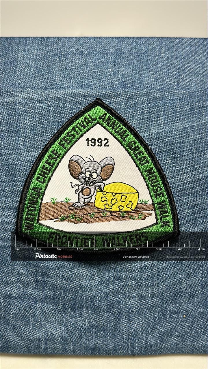 Watonga Cheese Festival Sew-On Patch: Mouse & Cheese - 1992 Event Accessory with ruler overlay for size reference