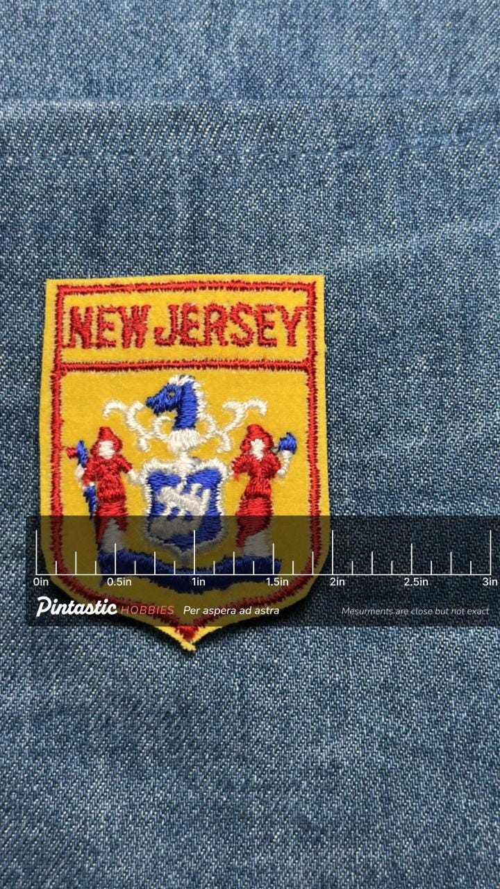 New Jersey Sew-On Patch: Yellow Shield - Vintage State Souvenir with ruler overlay for size reference