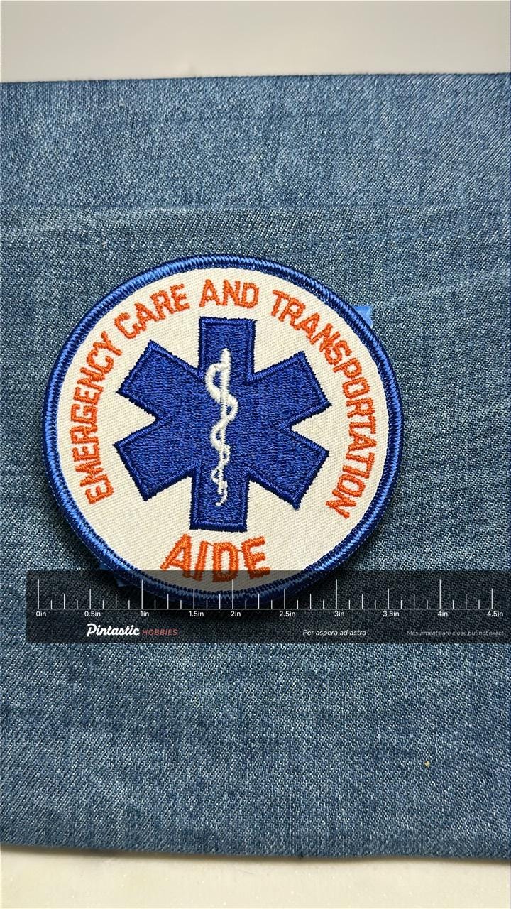 EMT Aide Sew-On Patch: Blue & White Colored - Vintage Medical Accessory with ruler overlay for size reference