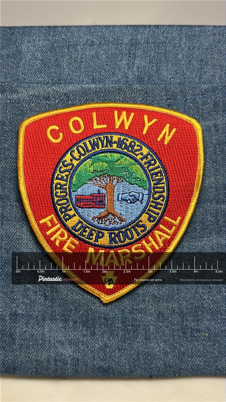 Colwyn Fire Marshal Collectable Iron-On Patch: Red & Yellow - Vintage Emergency Accessory with ruler overlay for size referen