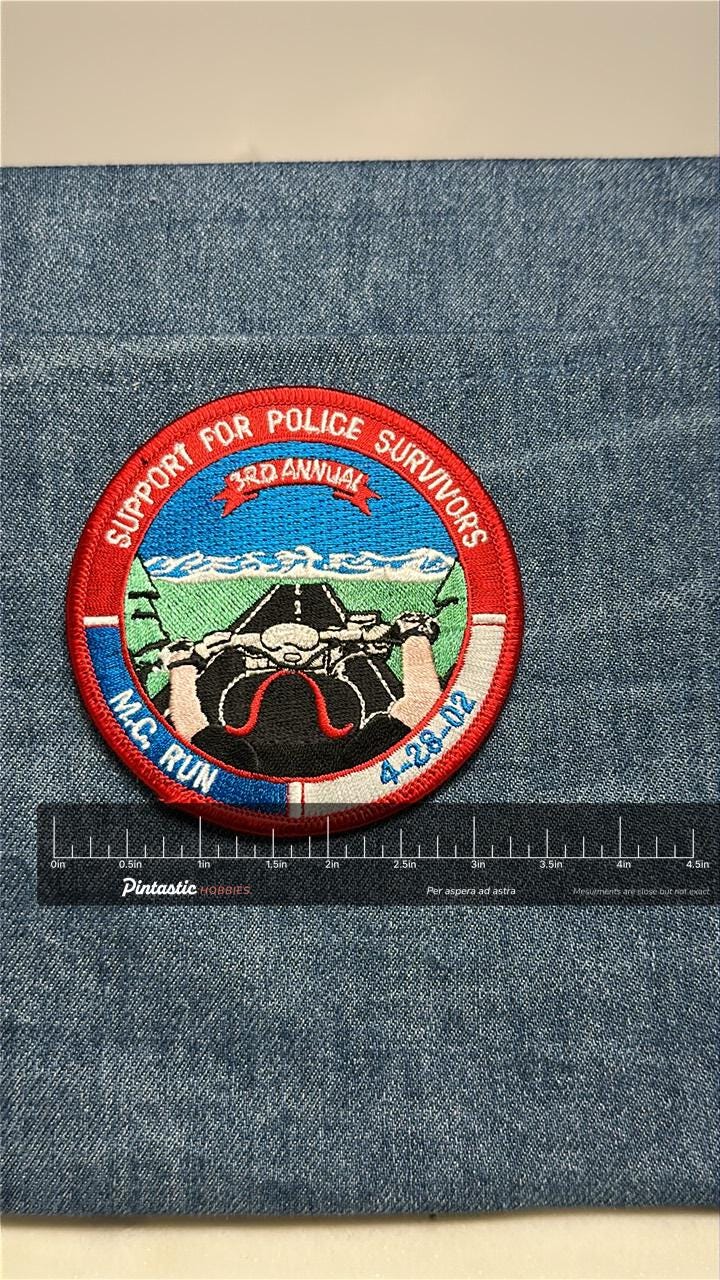 Police Support MC Run Collectable Iron-On Patch: Red Blue - 2002 Biker Event Accessory with ruler overlay for size reference