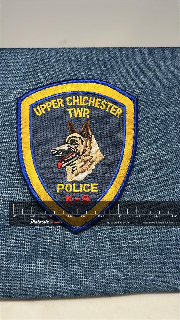 Upper Chichester K-9 Police Collectable Patch: Iron-On Blue/Yellow Shield - Law Enforcement Accessory with ruler overlay for 