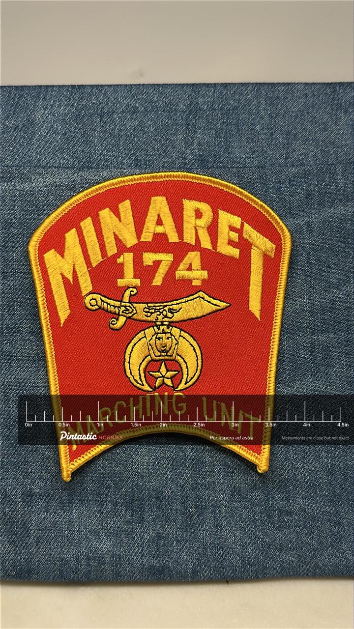 Minaret 174 Marching Unit Collectable Patch: Sew-On Red Gold - Fraternal Accessory with ruler overlay for size reference