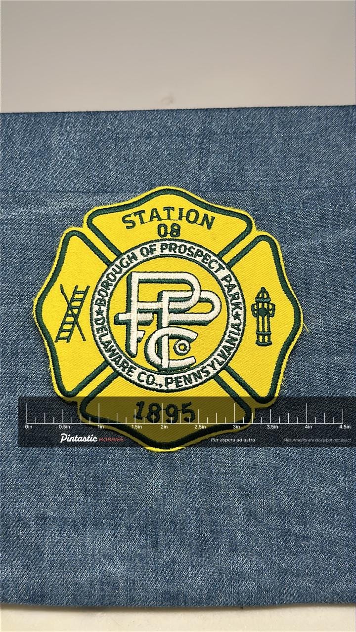 Delaware County PA Fire Dept Collectable Patch: Iron-On Yellow Shield - Pennsylvania Accessory with ruler overlay for size re