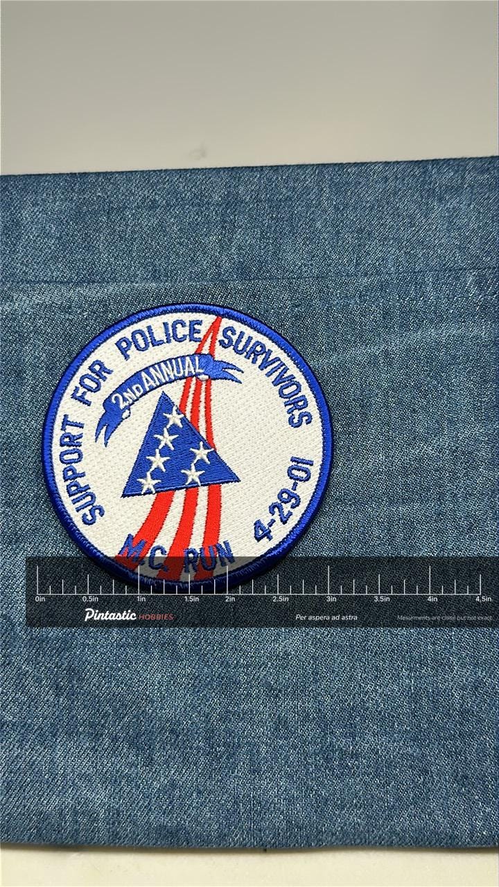 Police Survivors Collectable Patch: Iron-On Red White Blue - 2001 Memorial Accessory with ruler overlay for size reference