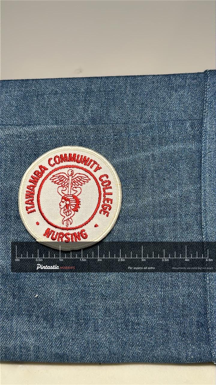 Itawamba College Nursing Collectable Patch: Iron-On Red/White - Vintage Accessory with ruler overlay for size reference