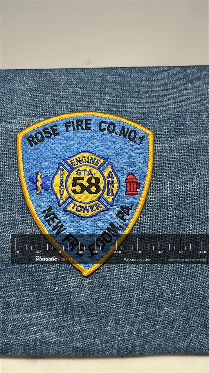 Rose Fire Co. No.1 Collectable Patch: Iron-On Blue Shield - Fire Dept. Accessory with ruler overlay for size reference