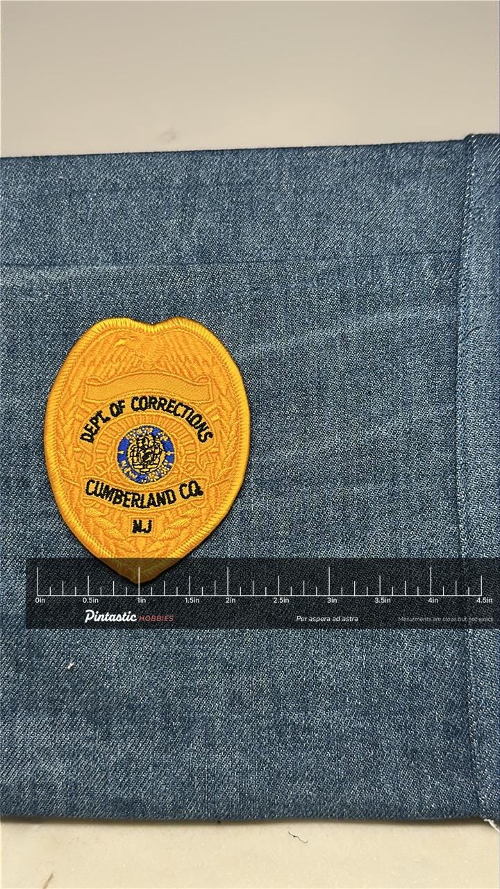 Dept of Corrections Cumberland NJ Patch: Iron-On Yellow Shield - Law Enforcement Accessory with ruler overlay for size refere