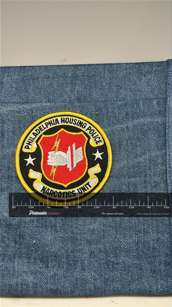 Philadelphia Housing Police Patch: Iron-On Yellow/Red Finish - Narcotics Unit Collectible with ruler overlay for size referen