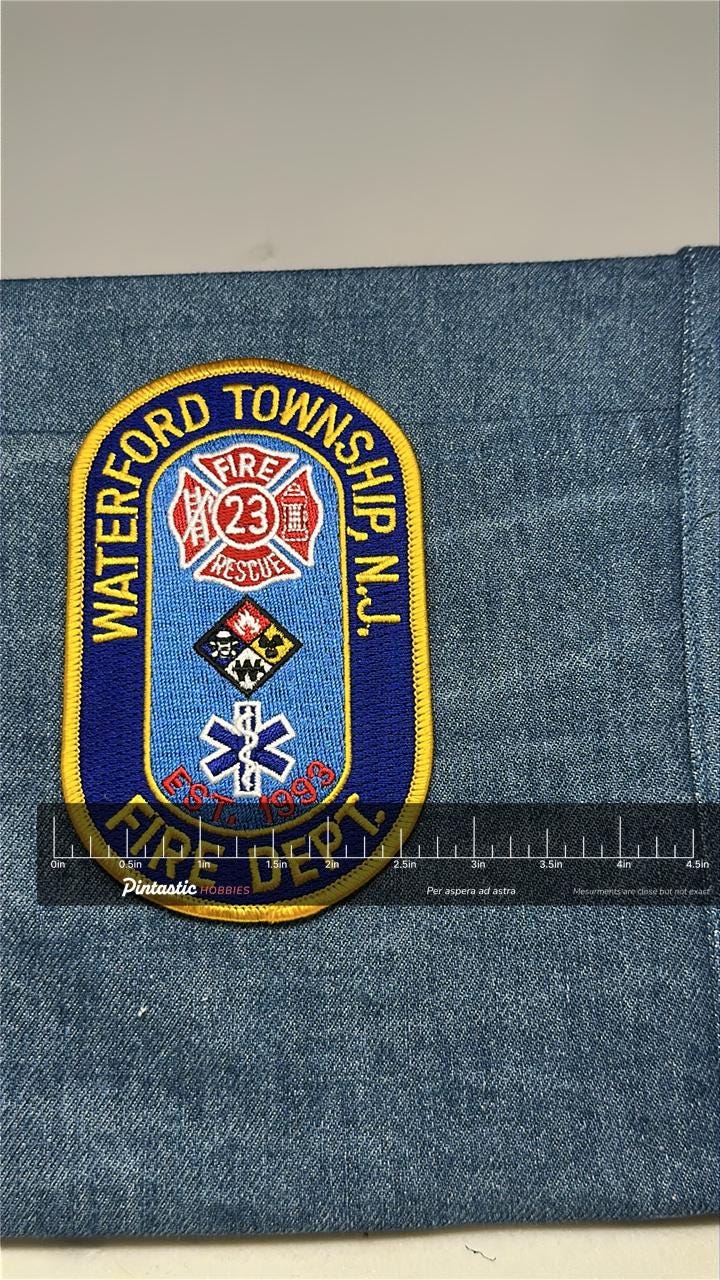 Waterford Fire Dept Collectable Patch: Iron-On Blue Yellow - 1990s Accessory with ruler overlay for size reference