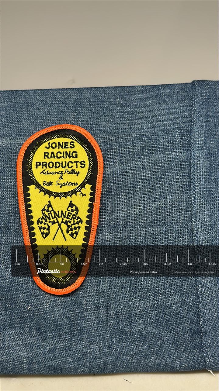 Jones Racing Products Patch: Sew-On Yellow/Black - Motorsports Accessory with ruler overlay for size reference