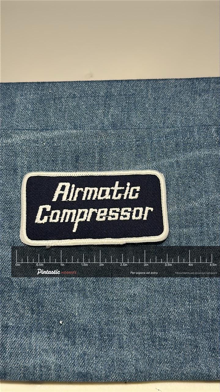 Airmatic Compressor Patch: Sew-On Navy White - Retro Workwear Accessory with ruler overlay for size reference