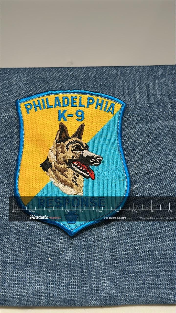 Philadelphia K-9 Collectable Patch: Sew-On Shield Blue/Yellow - Police Accessory with ruler overlay for size reference