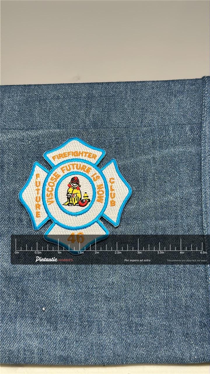 Viscose PN Firefighter Club 46 Patch: Iron-On Blue & White - Youth Club Accessory with ruler overlay for size reference