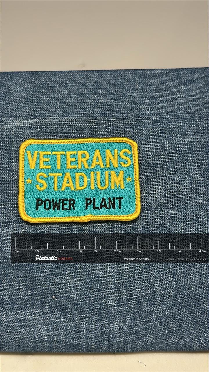 Veterans Stadium Collectable Patch: Sew-On Teal/Yellow - Retro Accessory with ruler overlay for size reference
