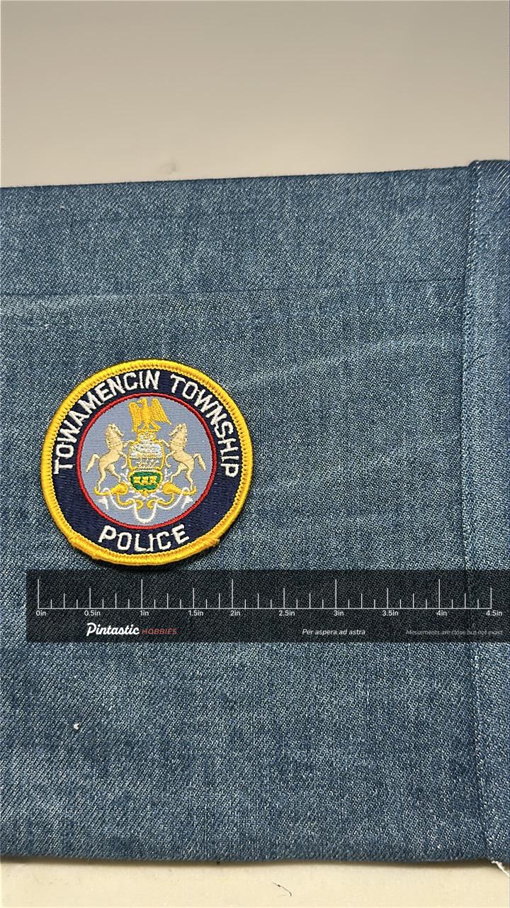 Towamencin Township Police Collectable Patch: Iron-On Navy/Gold - Municipal Accessory with ruler overlay for size reference