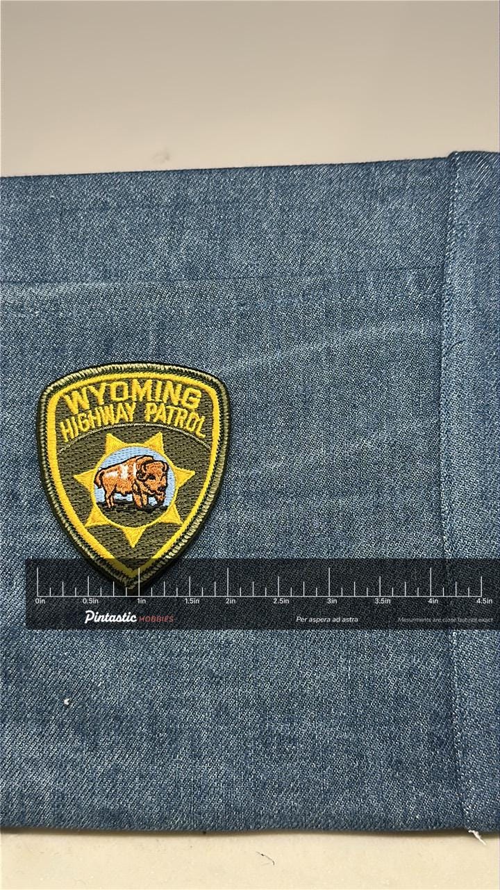 Wyoming Highway Patrol Collectable Patch: Iron-On Olive Yellow - Law Enforcement Accessory with ruler overlay for size refere