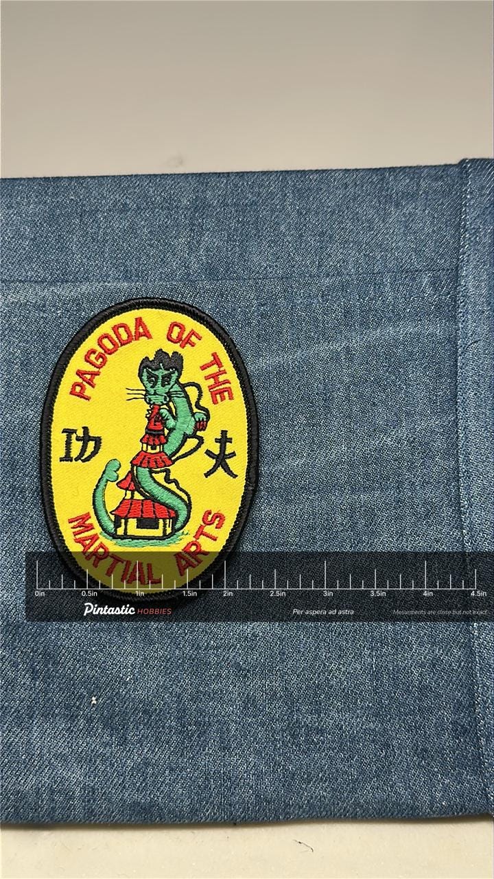 Pagoda of the Martial Arts Patch: Sew-On Bold Yellow - Dojo Theme Accessory with ruler overlay for size reference