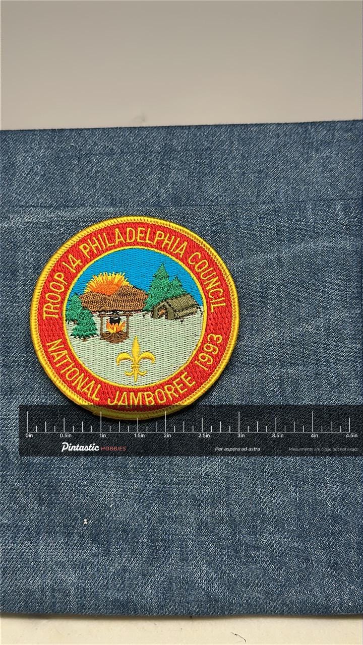 Boy Scouts Patch: Sew-On Round Red-Yellow - 1983 Jamboree Accessory with ruler overlay for size reference