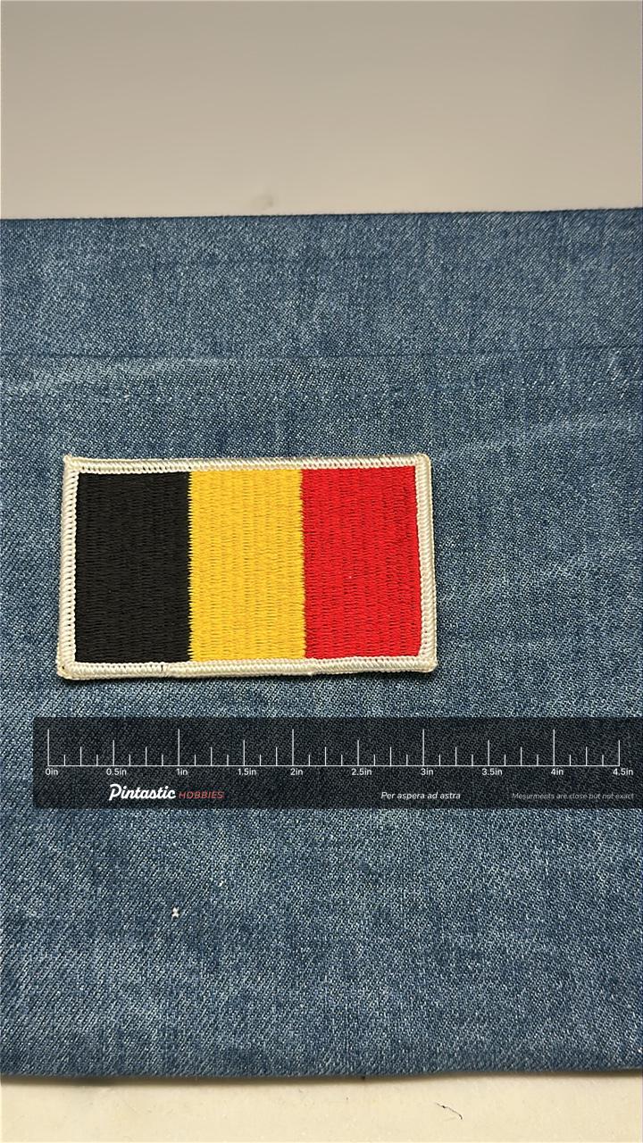 Belgium Flag Collectable Patch: Sew-On Classic Finish - Travel Accessory with ruler overlay for size reference