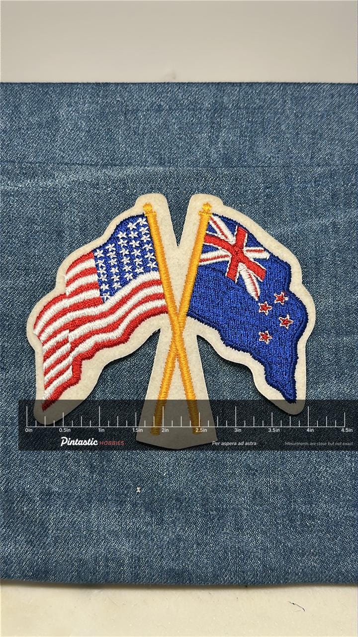 USA & NZ Flags Collectable Patch: Sew-On Vivid Colors - Patriotic Accessory with ruler overlay for size reference