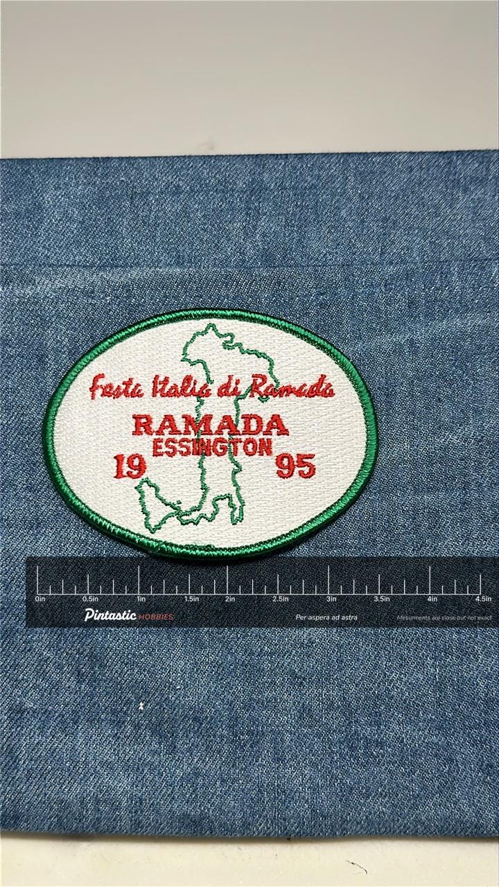 Festa Italiana Collectable Patch: Iron-On White/Green Oval - 1995 Event Accessory with ruler overlay for size reference