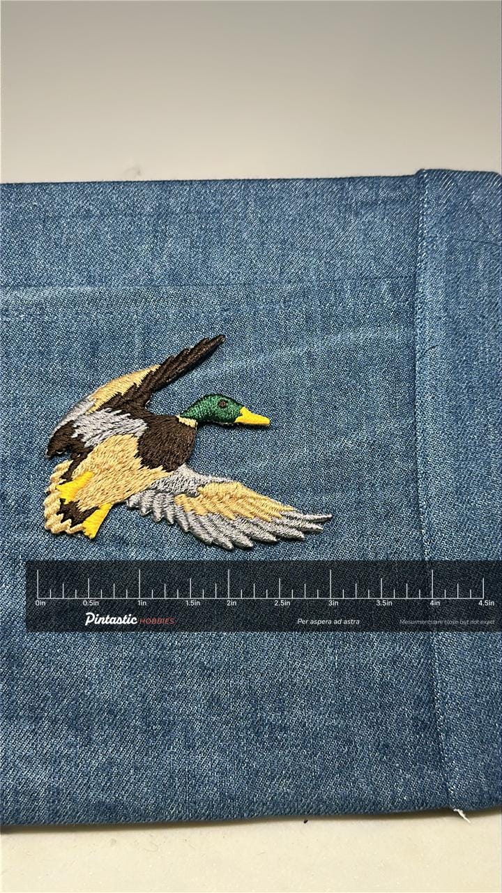 Flying Duck Collectable Patch: Iron-On Colorful Finish - Nature Accessory with ruler overlay for size reference