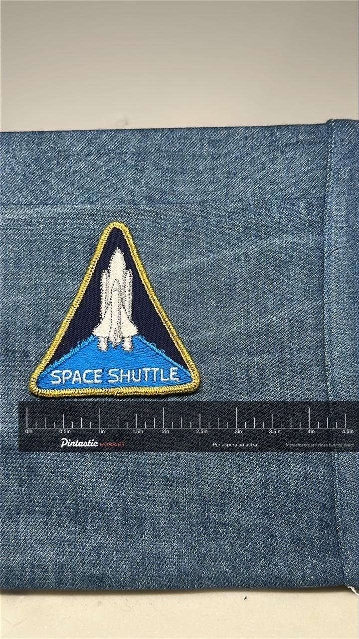 Space Shuttle Collectable Patch: Iron-On Blue Gold Trim - NASA Era Accessory with ruler overlay for size reference