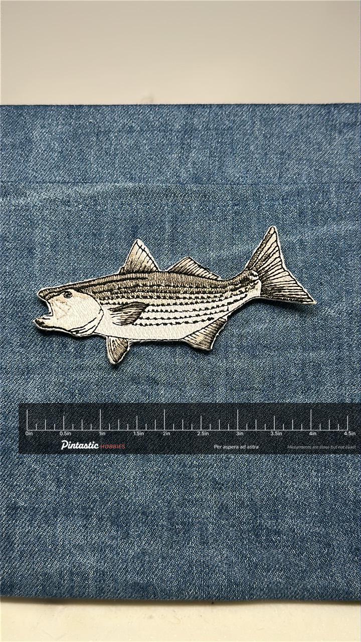 Striped Bass Collectable Patch: Iron-On Neutral Tone - Fishing Accessory with ruler overlay for size reference