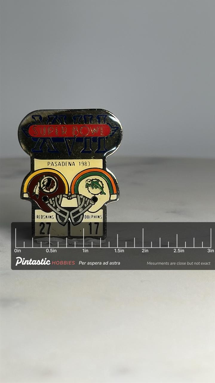 Super Bowl XVII Collector Pin: Enamel Finish - 1983 NFL Accessory with ruler overlay for size reference
