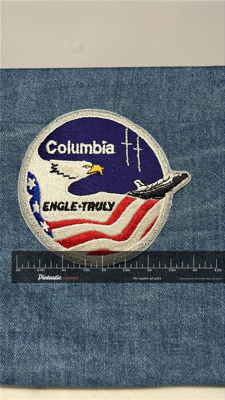 NASA Columbia STS-2 Mission Patch: Sew-On Silver Finish - Space Shuttle Era Accessory with ruler overlay for size reference
