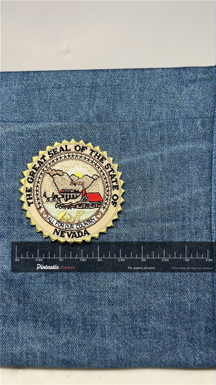 Nevada State Seal Collectable Patch: Iron-On Gold Edge - Vintage Style Accessory with ruler overlay for size reference