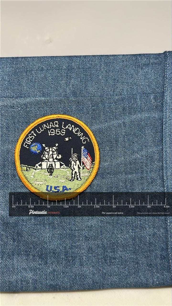 Moon Landing Collectable Patch: Sew-On Round Navy-Gold - 1969 Space Accessory with ruler overlay for size reference