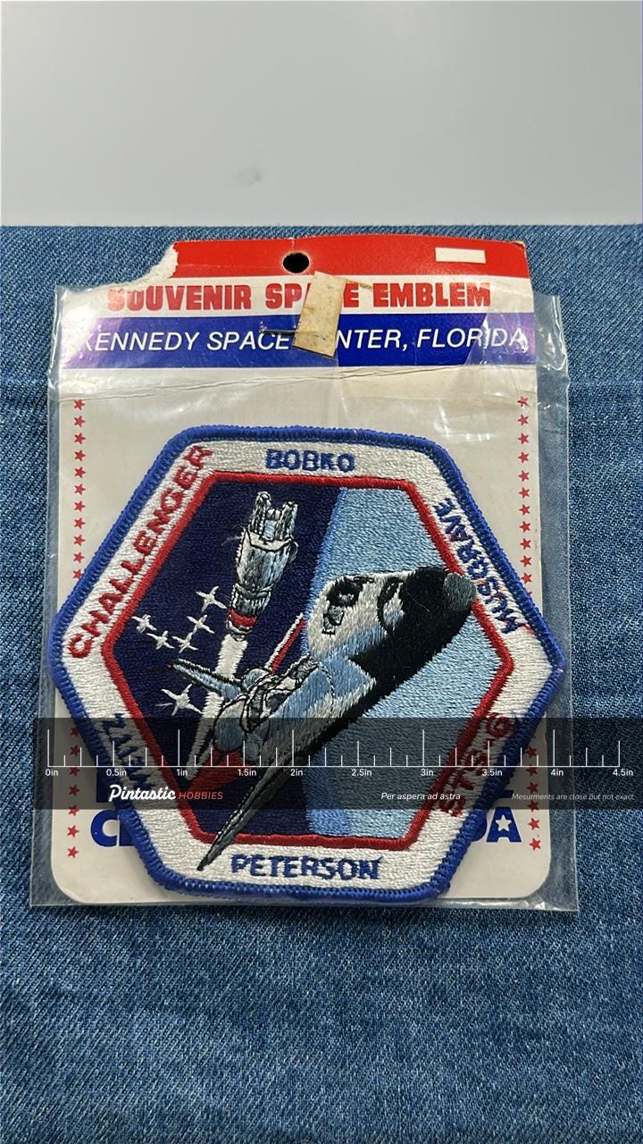 Challenger STS-6 Collectable Patch: Sew-On Multicolor Hexagon - 1980s Space Accessory with ruler overlay for size reference