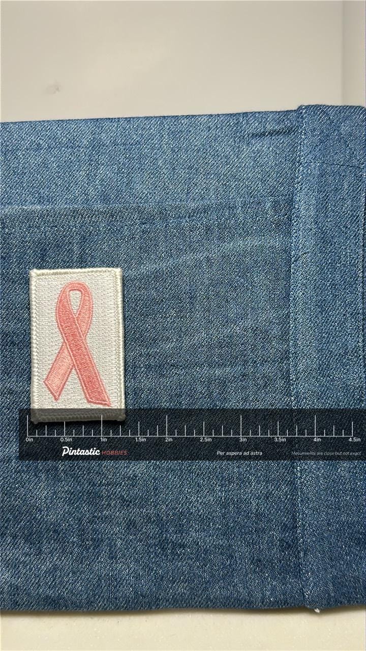 Pink Ribbon Cancer Awareness Patch: Sew-On Satin Finish - Awareness Accessory with ruler overlay for size reference