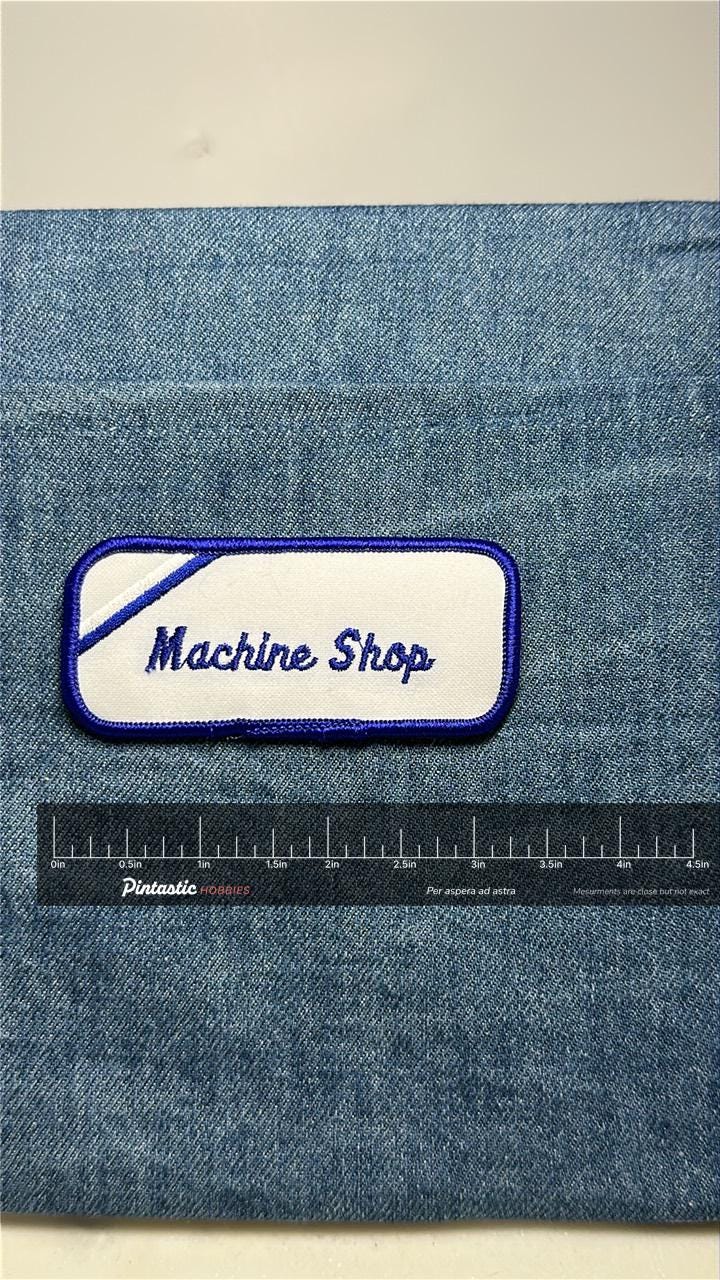 Machine Shop Collectable Patch: Iron-On Blue & White - Vintage Accessory with ruler overlay for size reference