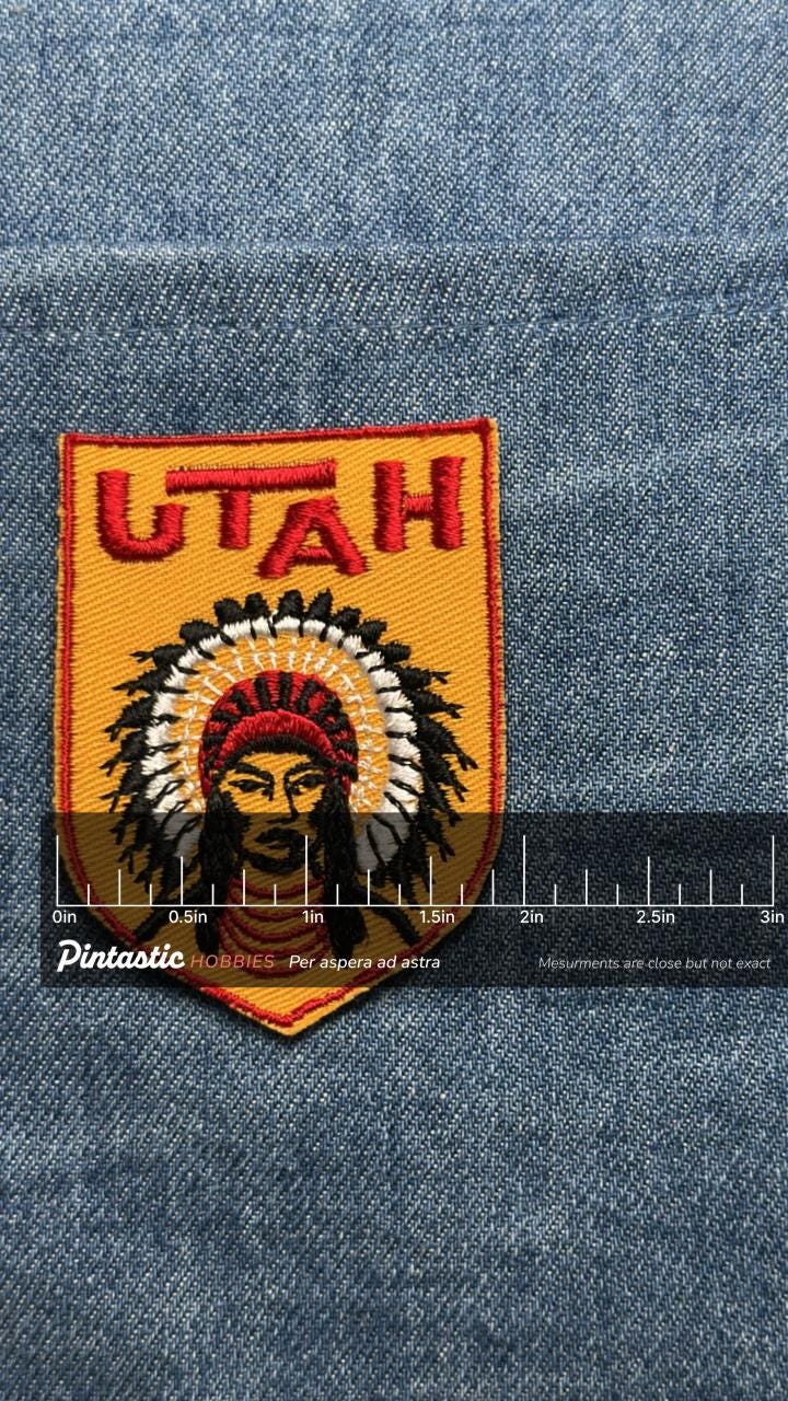 Utah Collectable Patch: Sew-On Red Yellow Shield - Vintage Travel Accessory with ruler overlay for size reference