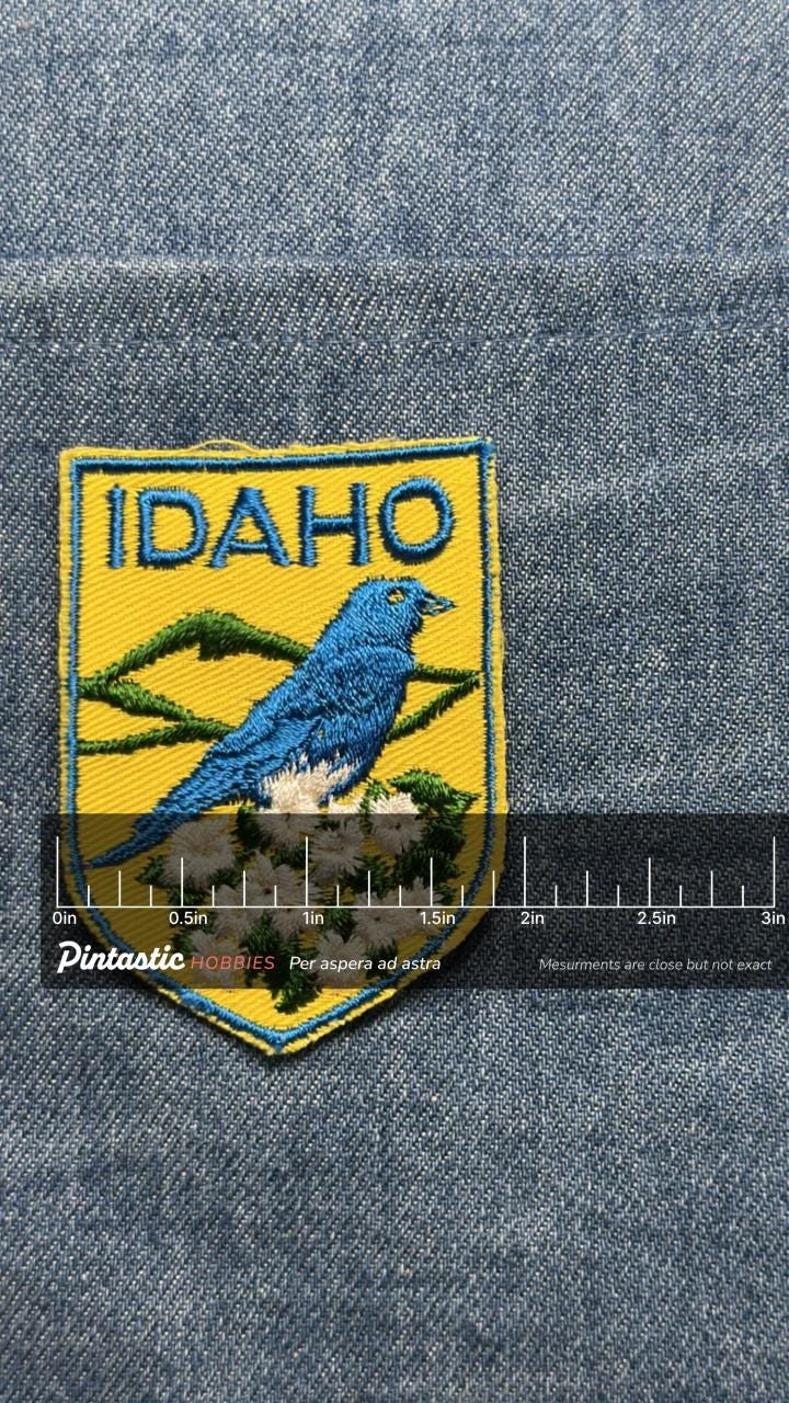 Idaho Collectable Patch: Sew-On Blue & Yellow Shield - State Souvenir with ruler overlay for size reference