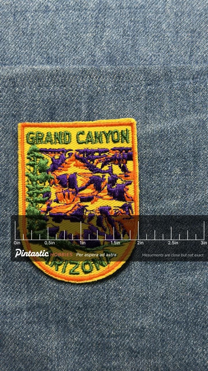 Grand Canyon Collectable Patch: Sew-On Vibrant Scenic - Vintage Travel Accessory with ruler overlay for size reference