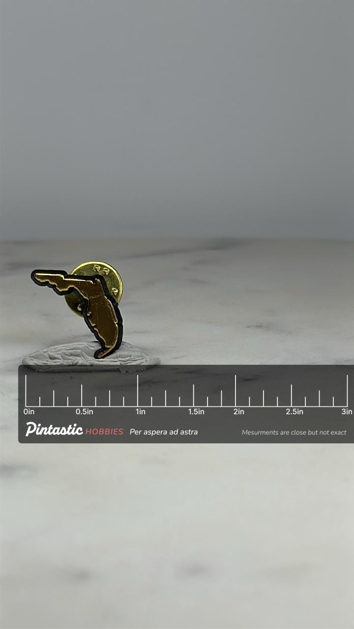 Florida State Enamel Pin: Glossy Gold & Black - Vintage Travel Accessory with ruler overlay for size reference