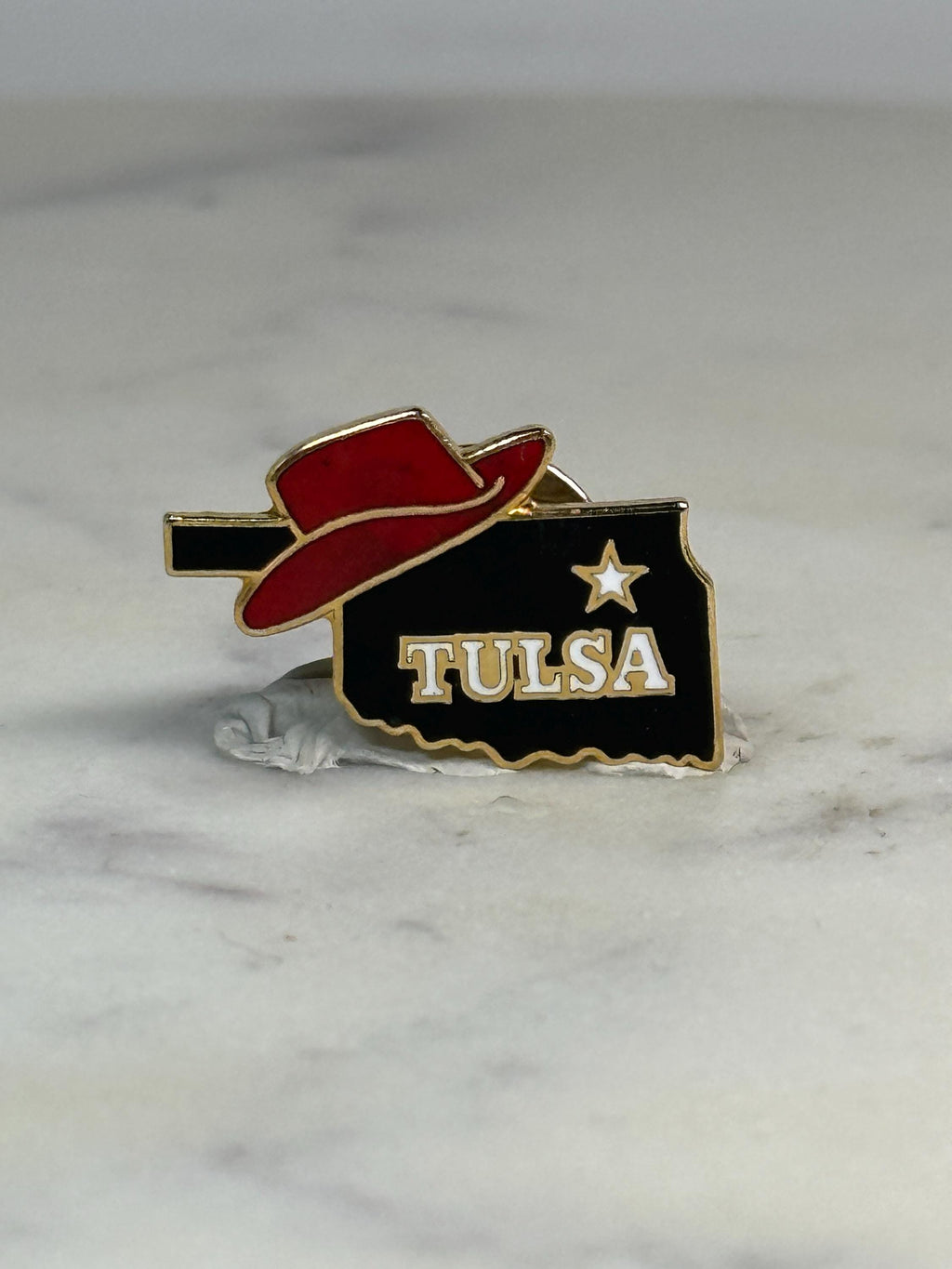 Tulsa Oklahoma State Pin: Red Hat Black Enamel - Vintage Souvenir Accessory